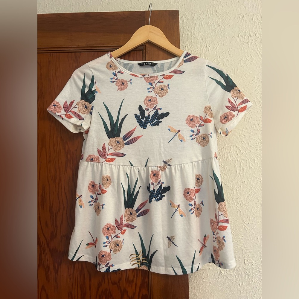 SHEIN Floral Blouse - White with Multicolor Floral Print